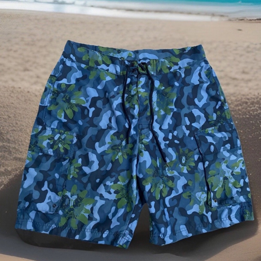 J Crew Vtg Mens Board Shorts Cargo Size 32 Unlined Swim Trunks Blue Camo Floral